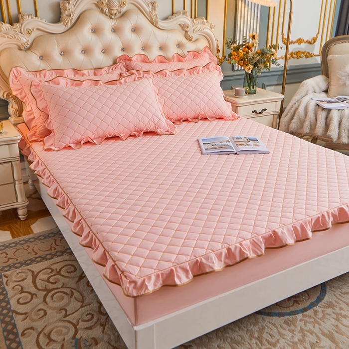 91家纺网 家纺一手货源 找家纺 屹成 2024新款水洗棉蕾丝四季款床笠床裙单品套件-床笠三件套 粉玉