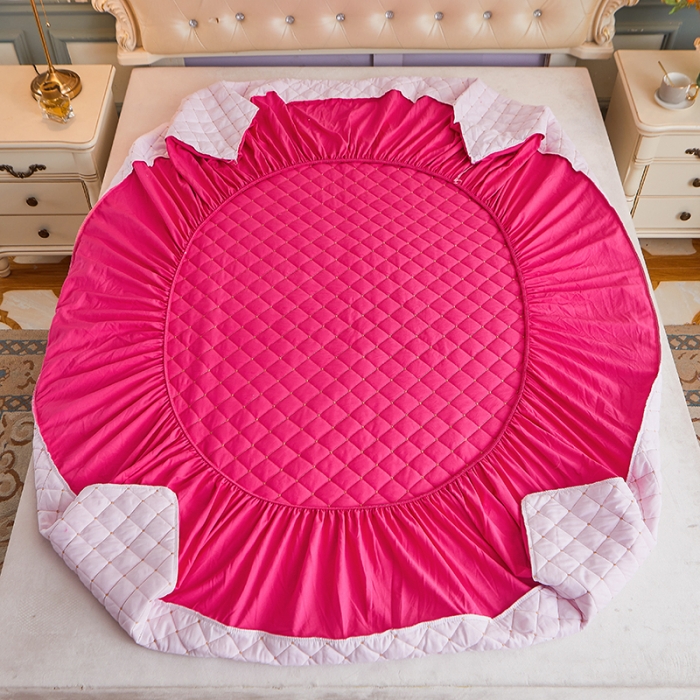 91家纺网 家纺一手货源 找家纺 屹成 2024新款水洗棉蕾丝四季款床笠床裙单品套件-床笠三件套 玫红