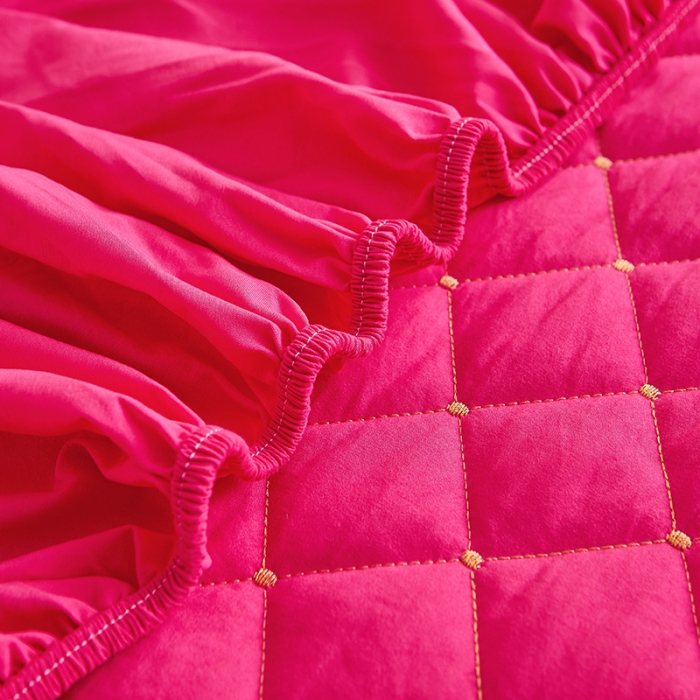 91家纺网 家纺一手货源 找家纺 屹成 2024新款水洗棉蕾丝四季款床笠床裙单品套件-床笠三件套 玫红