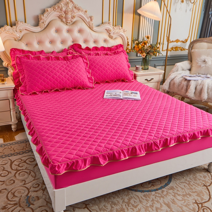 91家纺网 家纺一手货源 找家纺 屹成 2024新款水洗棉蕾丝四季款床笠床裙单品套件-床笠三件套 玫红