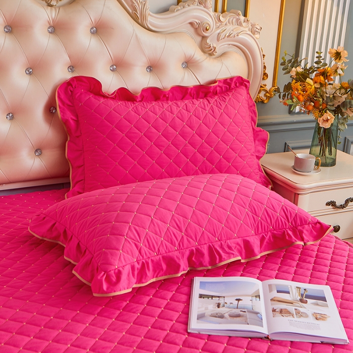 91家纺网 家纺一手货源 找家纺 屹成 2024新款水洗棉蕾丝四季款床笠床裙单品套件-床笠三件套 玫红