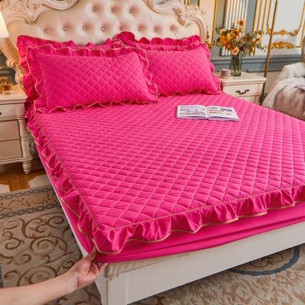 屹成 2024新款水洗棉蕾丝四季款床笠床裙单品套件-床笠三件套 玫红