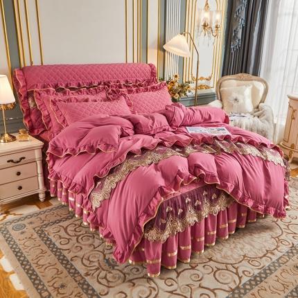 屹成 2024新款水洗棉蕾丝四季款床笠床裙单品套件-床裙四件套 豆沙