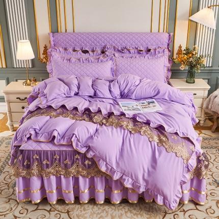 屹成 2024新款水洗棉蕾丝四季款床笠床裙单品套件-床裙四件套 浅紫