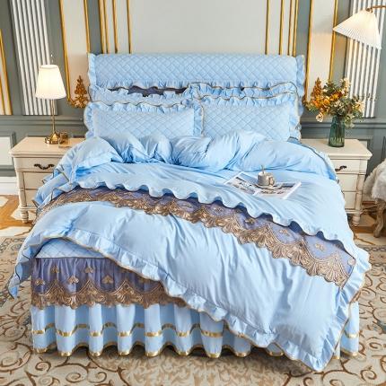 屹成 2024新款水洗棉蕾丝四季款床笠床裙单品套件-床裙四件套 天蓝
