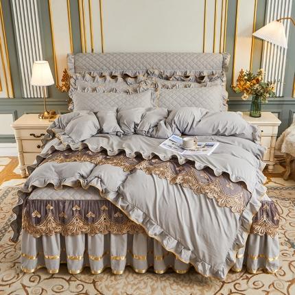 屹成 2024新款水洗棉蕾丝四季款床笠床裙单品套件-床裙四件套 银灰