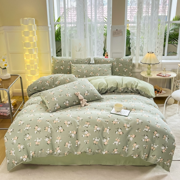 91家纺网 家纺一手货源 找家纺 红日子 2024新款水洗棉麻双层纱四件套 春色满园