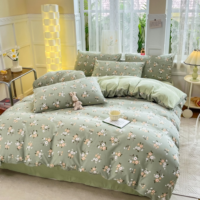 91家纺网 家纺一手货源 找家纺 红日子 2024新款水洗棉麻双层纱四件套 春色满园