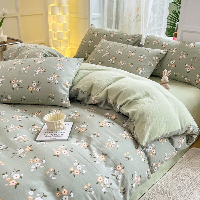 91家纺网 家纺一手货源 找家纺 红日子 2024新款水洗棉麻双层纱四件套 春色满园