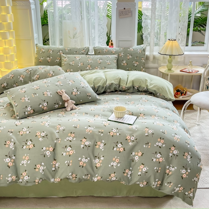 91家纺网 家纺一手货源 找家纺 红日子 2024新款水洗棉麻双层纱四件套 春色满园