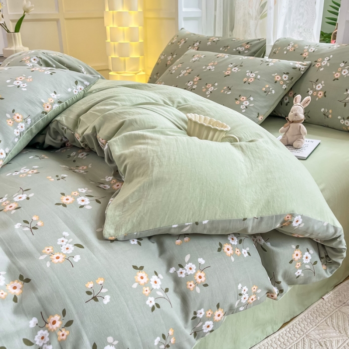 91家纺网 家纺一手货源 找家纺 红日子 2024新款水洗棉麻双层纱四件套 春色满园