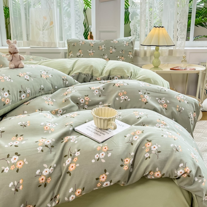 91家纺网 家纺一手货源 找家纺 红日子 2024新款水洗棉麻双层纱四件套 春色满园