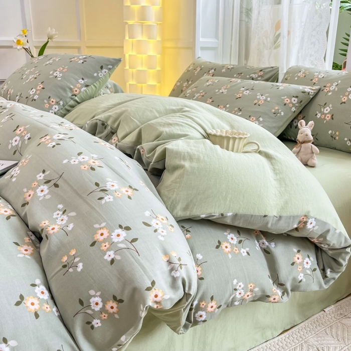 91家纺网 家纺一手货源 找家纺 红日子 2024新款水洗棉麻双层纱四件套 春色满园