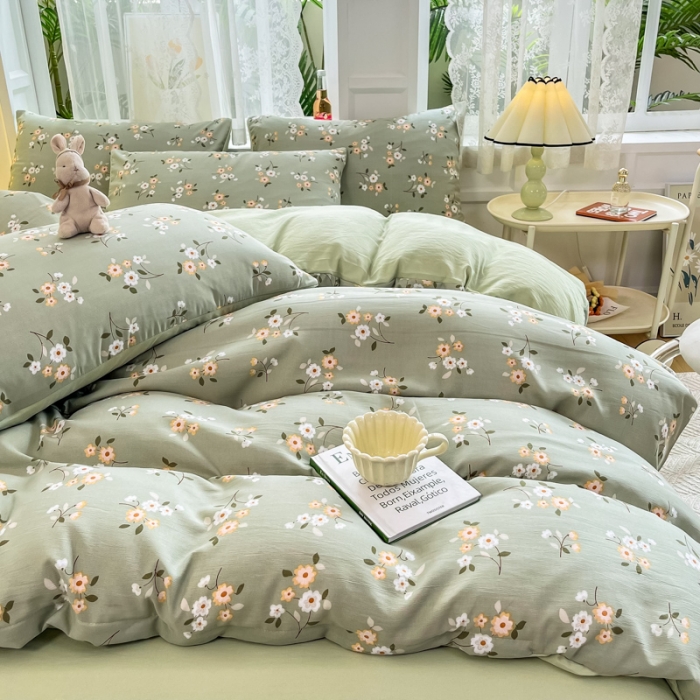 91家纺网 家纺一手货源 找家纺 红日子 2024新款水洗棉麻双层纱四件套 春色满园