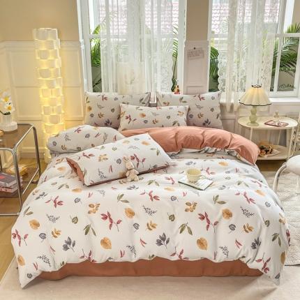 91家纺网 家纺一手货源 找家纺 红日子 2024新款水洗棉麻双层纱四件套 金风玉露