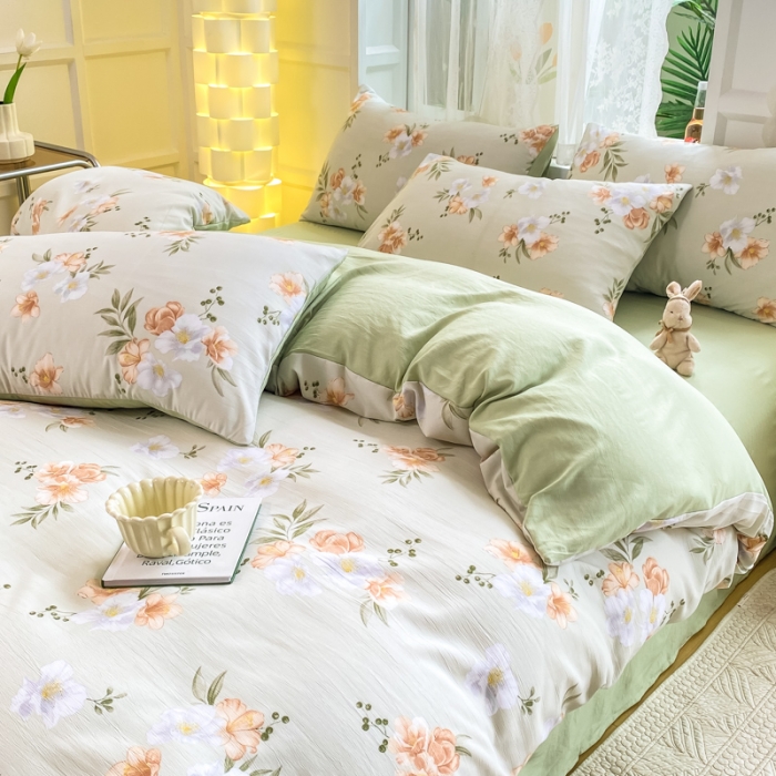 91家纺网 家纺一手货源 找家纺 红日子 2024新款水洗棉麻双层纱四件套 青青世界