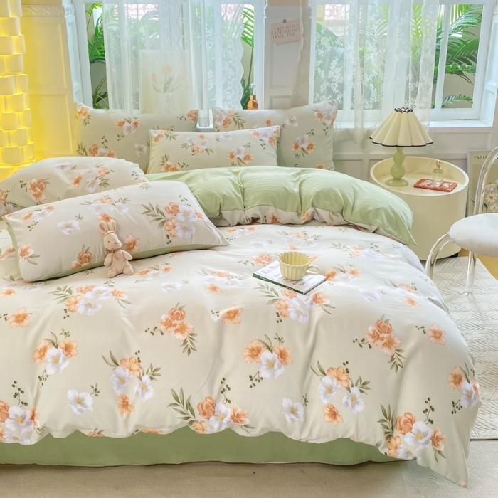 91家纺网 家纺一手货源 找家纺 红日子 2024新款水洗棉麻双层纱四件套 青青世界