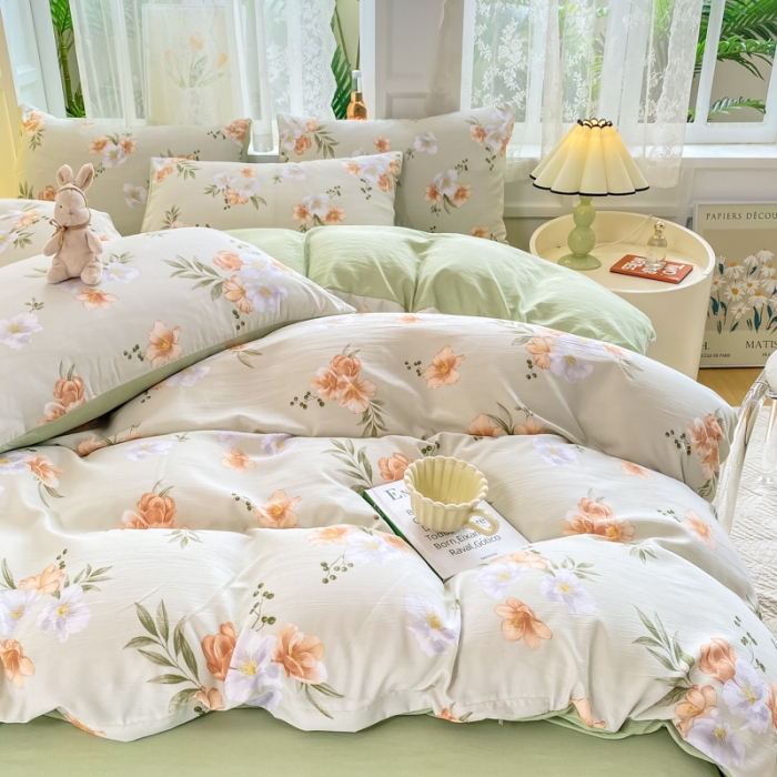 91家纺网 家纺一手货源 找家纺 红日子 2024新款水洗棉麻双层纱四件套 青青世界