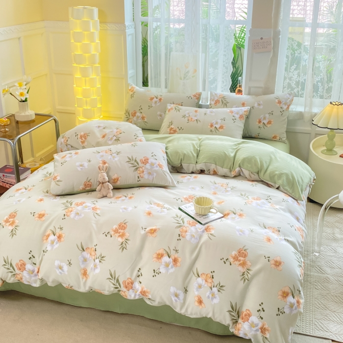 91家纺网 家纺一手货源 找家纺 红日子 2024新款水洗棉麻双层纱四件套 青青世界