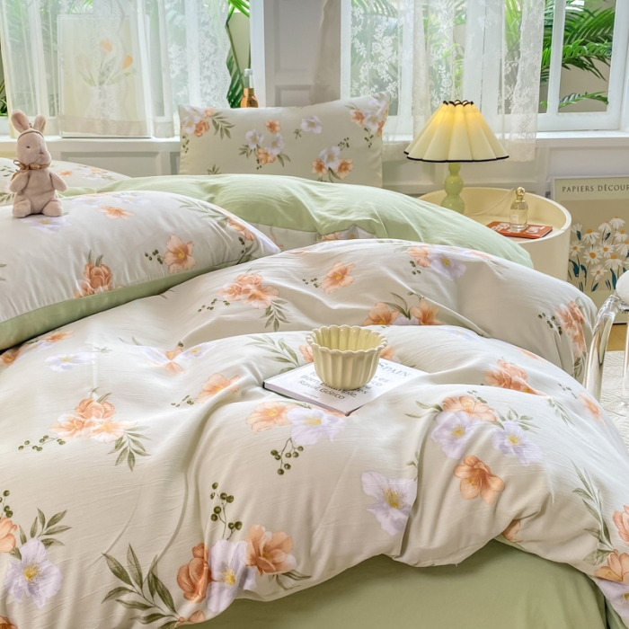 91家纺网 家纺一手货源 找家纺 红日子 2024新款水洗棉麻双层纱四件套 青青世界