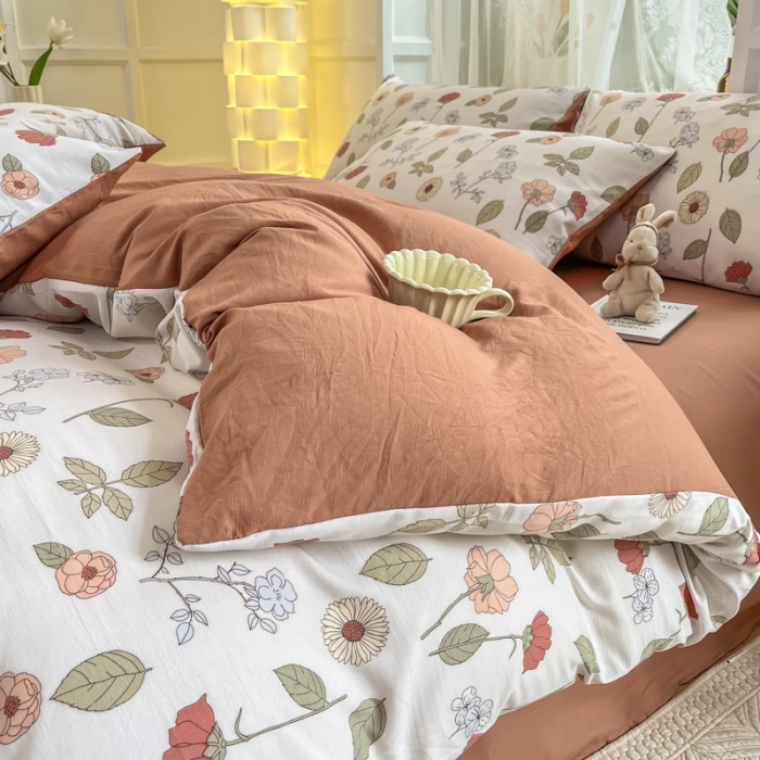 91家纺网 家纺一手货源 找家纺 红日子 2024新款水洗棉麻双层纱四件套 秋月春花