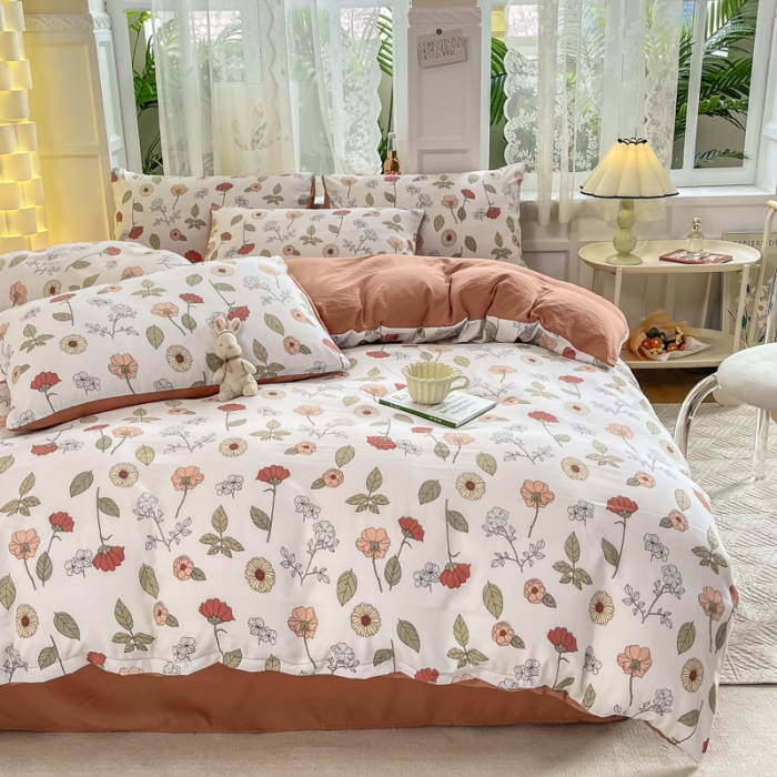 91家纺网 家纺一手货源 找家纺 红日子 2024新款水洗棉麻双层纱四件套 秋月春花