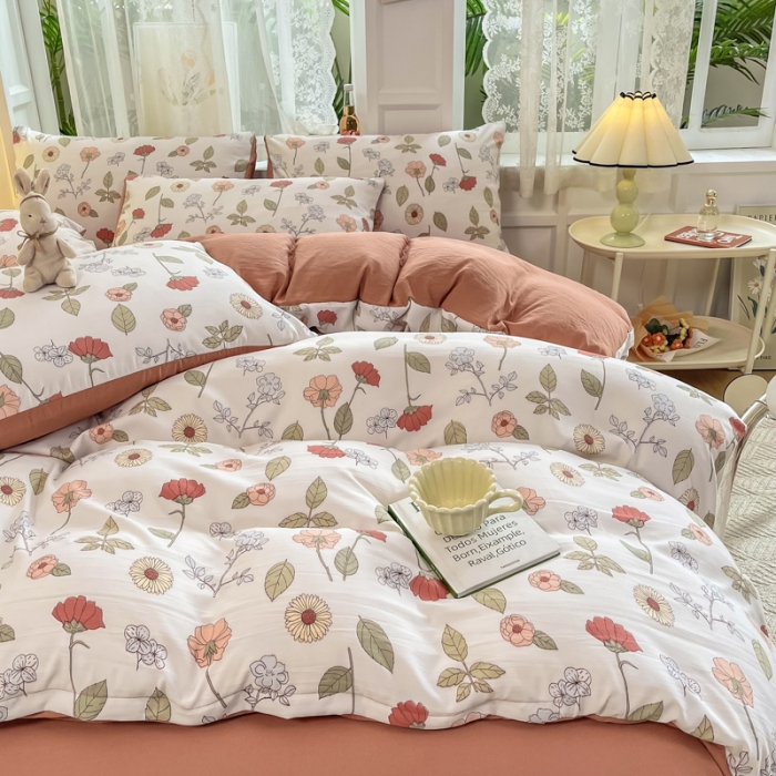 91家纺网 家纺一手货源 找家纺 红日子 2024新款水洗棉麻双层纱四件套 秋月春花