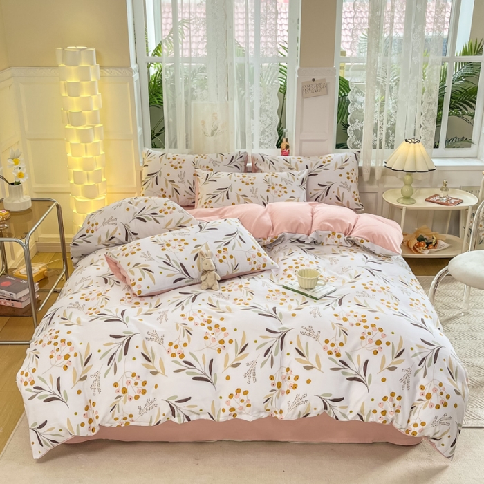 91家纺网 家纺一手货源 找家纺 红日子 2024新款水洗棉麻双层纱四件套 桃源花色