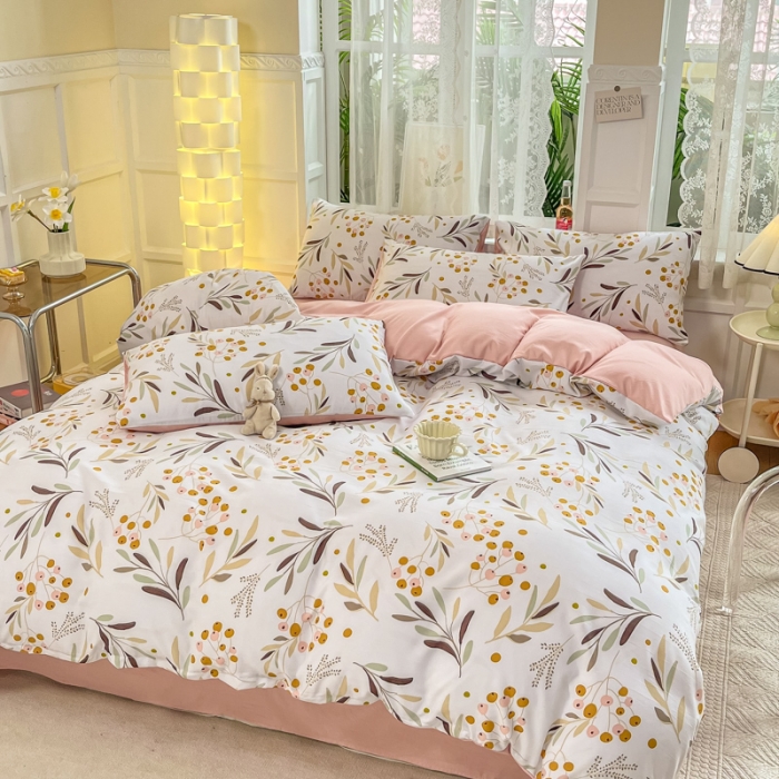 91家纺网 家纺一手货源 找家纺 红日子 2024新款水洗棉麻双层纱四件套 桃源花色