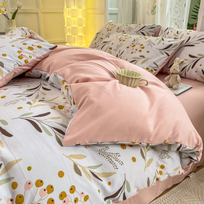 91家纺网 家纺一手货源 找家纺 红日子 2024新款水洗棉麻双层纱四件套 桃源花色