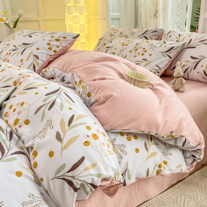 91家纺网 家纺一手货源 找家纺 红日子 2024新款水洗棉麻双层纱四件套 桃源花色