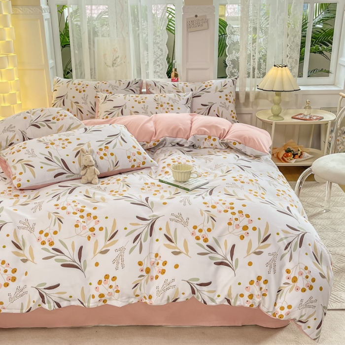 91家纺网 家纺一手货源 找家纺 红日子 2024新款水洗棉麻双层纱四件套 桃源花色