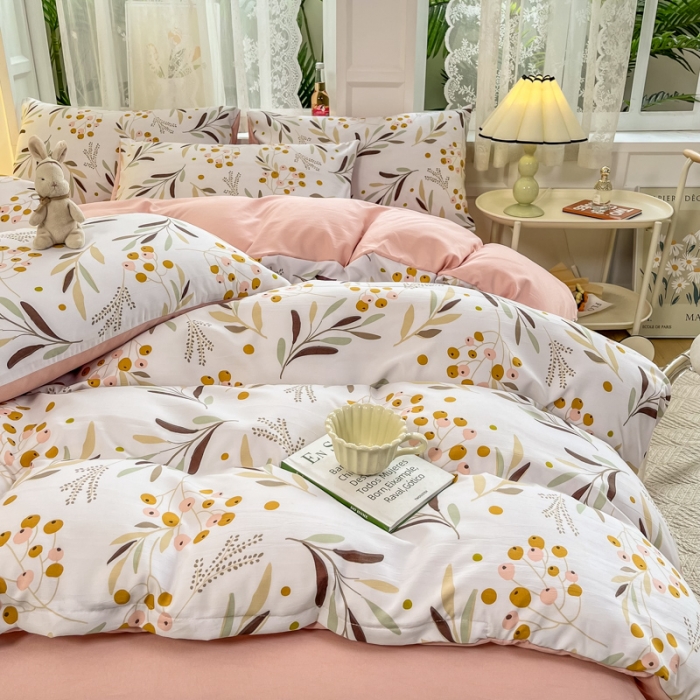 91家纺网 家纺一手货源 找家纺 红日子 2024新款水洗棉麻双层纱四件套 桃源花色