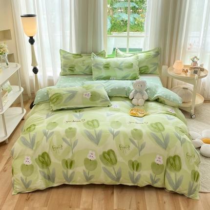 91家纺网 家纺一手货源 找家纺 妖妖家纺 2023新款芦荟棉AB双版印花四件套兔下花开-绿