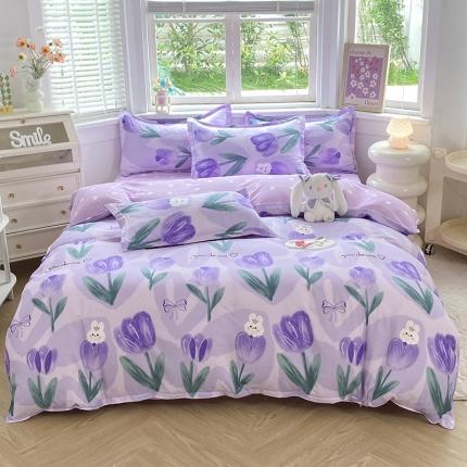 91家纺网 家纺一手货源 找家纺 妖妖家纺 2023新款芦荟棉AB双版印花四件套兔下花开-紫