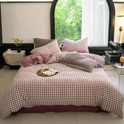 91家纺网 家纺一手货源 找家纺 （总）华超针织 2023新款针织棉千鸟格印花四件套