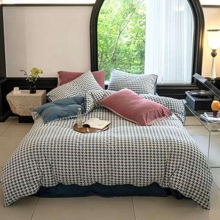 华超针织 2023新款针织棉千鸟格印花四件套 千鸟格海蓝