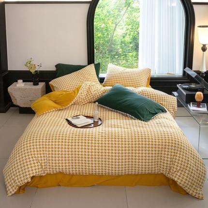华超针织 2023新款针织棉千鸟格印花四件套 千鸟格姜黄