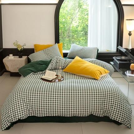 华超针织 2023新款针织棉千鸟格印花四件套 千鸟格墨绿