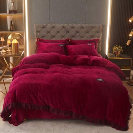 91家纺网 家纺一手货源 找家纺 2023牛奶绒保暖四件套韩版蕾丝花边四件套 豆沙