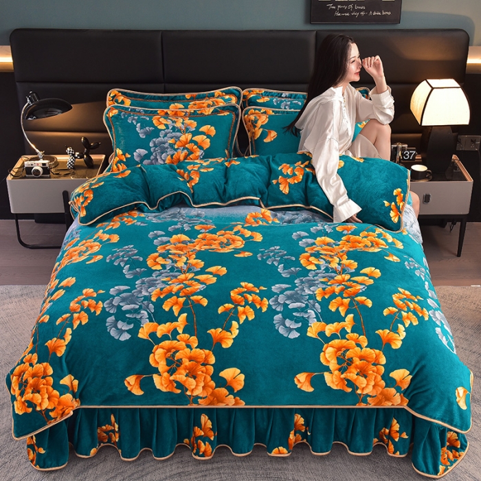 91家纺网 家纺一手货源 找家纺 千嘻汇 2025新款8斤牛奶绒金貂法莱绒床裙款保暖四件套繁花似锦