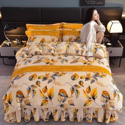 91家纺网 家纺一手货源 找家纺 千嘻汇 2025新款8斤牛奶绒金貂法莱绒床裙款保暖四件套枫叶