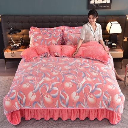 91家纺网 家纺一手货源 找家纺 千嘻汇 2025新款8斤牛奶绒金貂法莱绒床裙款保暖四件套含苞待放