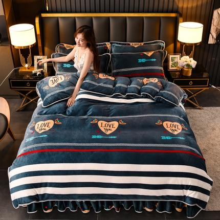 91家纺网 家纺一手货源 找家纺 千嘻汇 2023新款7斤牛奶绒金貂法莱绒床裙款保暖四件套爱心箭