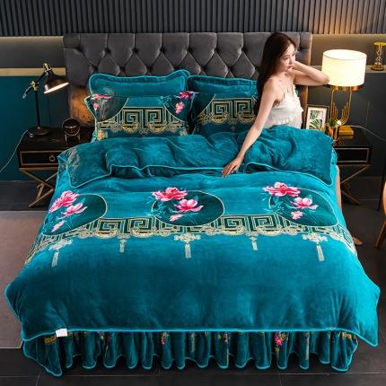 91家纺网 家纺一手货源 找家纺 千嘻汇 2023新款7斤牛奶绒金貂法莱绒床裙款保暖四件套花影