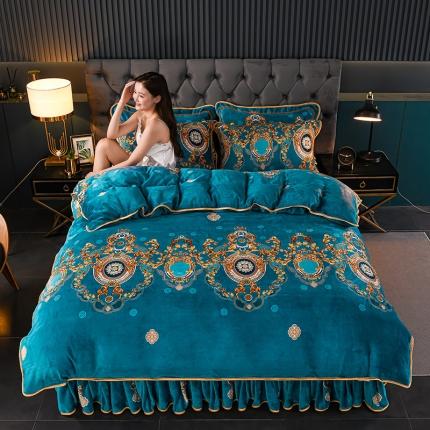 91家纺网 家纺一手货源 找家纺 千嘻汇 2023新款7斤牛奶绒金貂法莱绒床裙款保暖四件套欧式空间