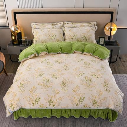 91家纺网 家纺一手货源 找家纺 千嘻汇 2023新款7斤牛奶绒金貂法莱绒床裙款保暖四件套仙草