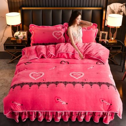 91家纺网 家纺一手货源 找家纺 千嘻汇 2023新款7斤牛奶绒金貂法莱绒床裙款保暖四件套心心相印