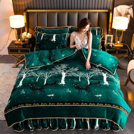 91家纺网 家纺一手货源 找家纺 千嘻汇 2023新款7斤牛奶绒金貂法莱绒床裙款保暖四件套星空麋鹿