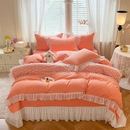 芭比蔓家纺 2023新款甜心蕾丝雪纺花边床盖四件套 甜心-橙色
